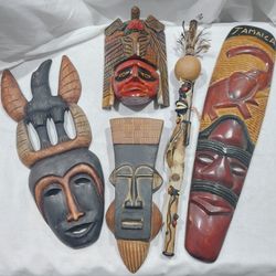Bundle of 5 Hand Crafted Wooden Masks And Trinal Dart Blower 