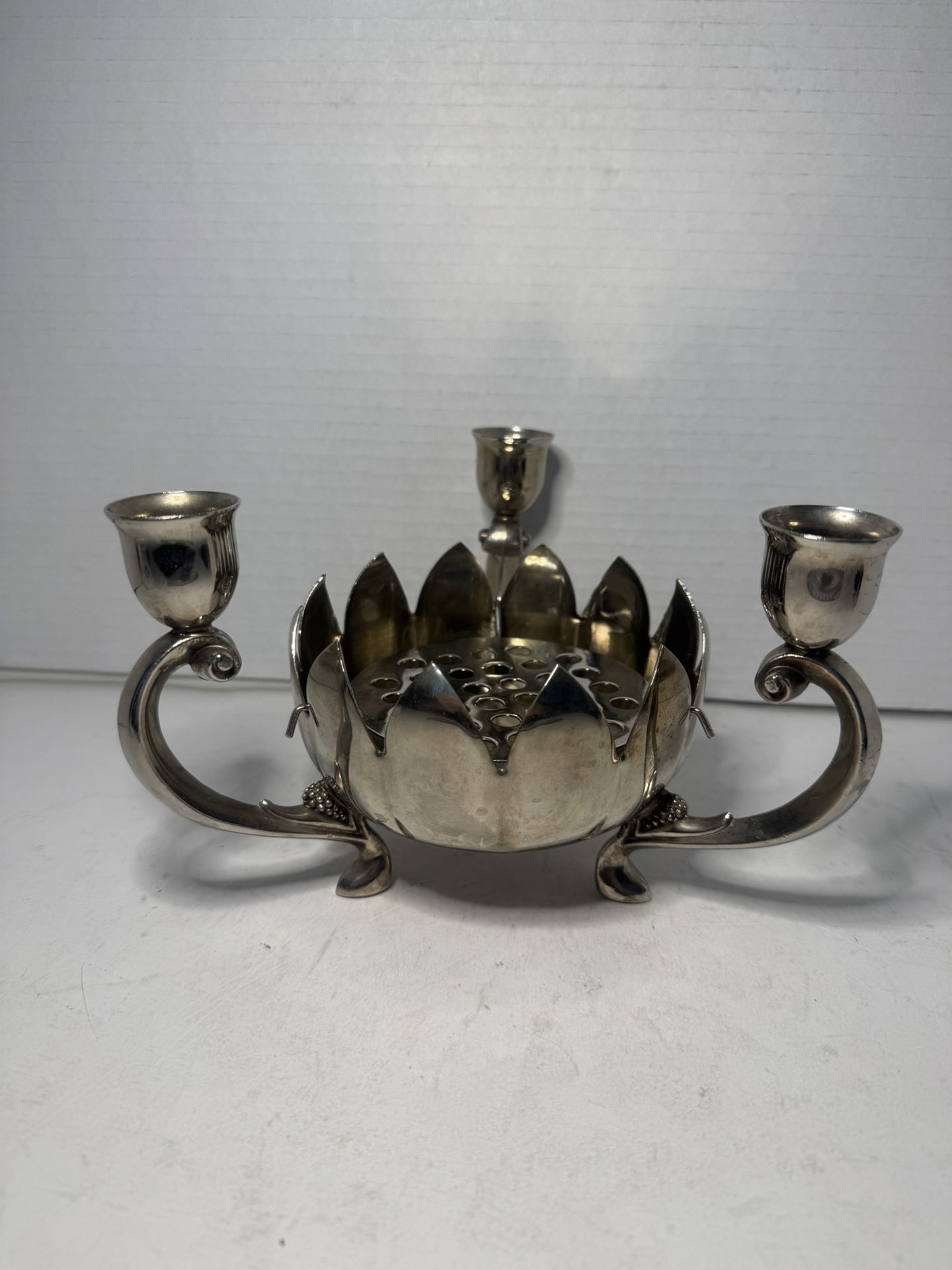 Leonard Silver Plated Lotus Flower Bowl w/3 Attached Candlestick Holders