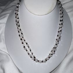 ANTIQUE STERLING ART DECO CRYSTAL CLEAR & RED BEADED NECKLACE, 18"