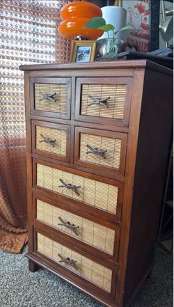 Vintage Boho Wood & Rattan 7-Drawer Small Dresser (20x14x35”)