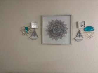 Costal wall decor bundle framed leave art, sailboats, and sea creatures