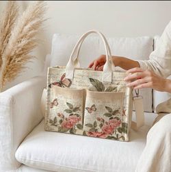 Medium Floral Butterfly Corduroy Tote Bag with side pockets