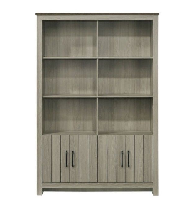 47"W Gray Oak Bookcase Shelf with Cabinet Doors