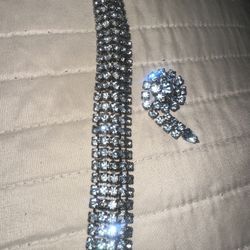 Vintage Signed WEISS Blue Rhinestone 5-Row Bracelet and Unsigned Pin Set, Mid-Century Costume Jewelry" 
