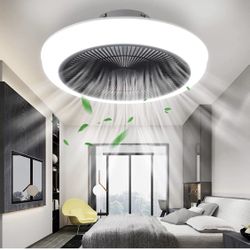 Bladeless Ceiling Fan with Lights Remote Control,18", with 3 Level Wind Speed,Enclosed Ceiling Fan with 3 Color,Low Profile, Grey-White