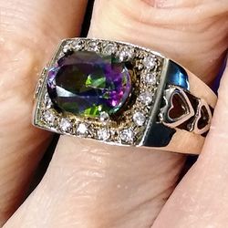 Gorgeous 🆕 Sterling Silver Hearts Setting Genuine Mystic Topaz Ring!💍💜💚