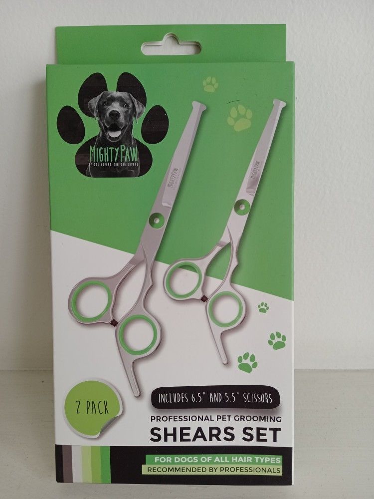 Mighty Paw Professional Dog Grooming Shears 2 Pack Pet Hair Cutting Scissors Set with Rounded Safety Tips and Sharp Titanium Coated Stainless Steel