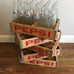 5 Vintage Rustic Wood Pepsi Cola Bottle Crates & 23 Pepsi Bottles