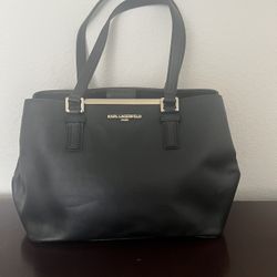 Karl Lagerfeld Black Leather With Gold Accents Handbag 