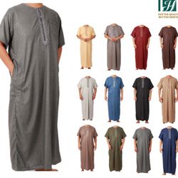 Islamic Clothing Moroccan Cotton Linen Short Sleeve Robe Muslim Clothes for Men