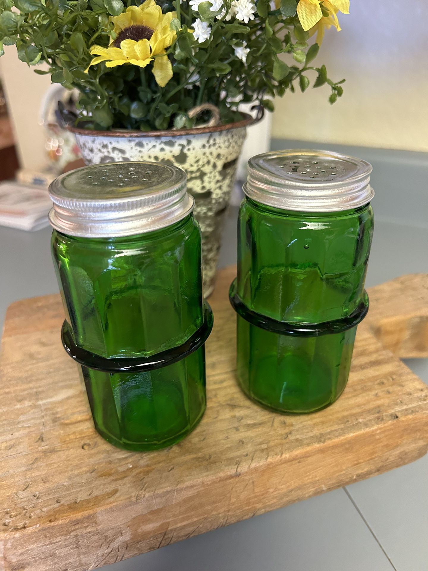 Vintage  Green Glass  Salt And Pepper Shakers