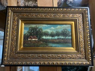 Ornate Framed Original Landscape Oil Painting – Gold & Black Frame