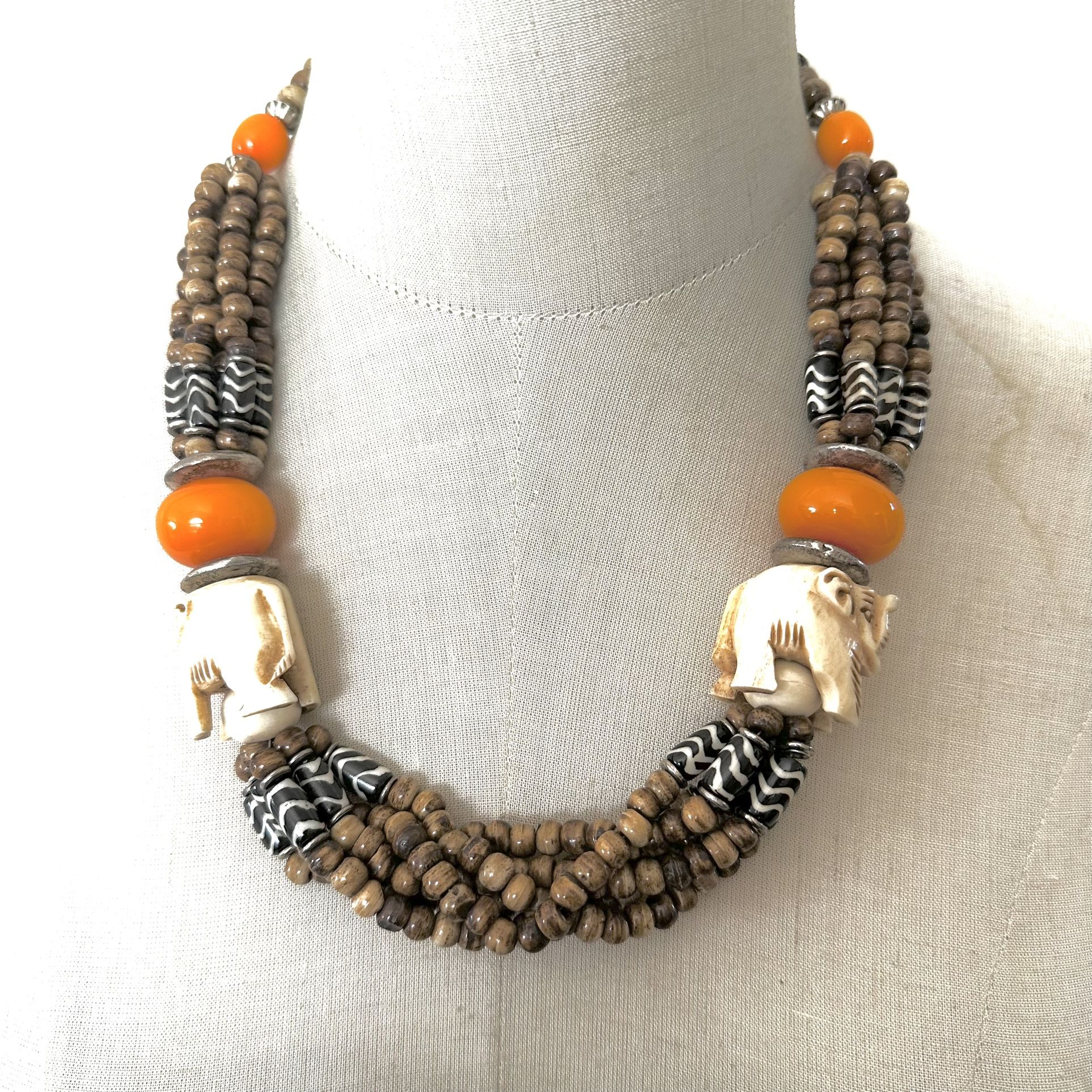 Hand Carved Bone Elephant Batik Bead Tribal Statement Necklace