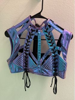Dolls Kill Club Exx “Rude Awakening” Harness Bra Top – Blue Metallic (Large)