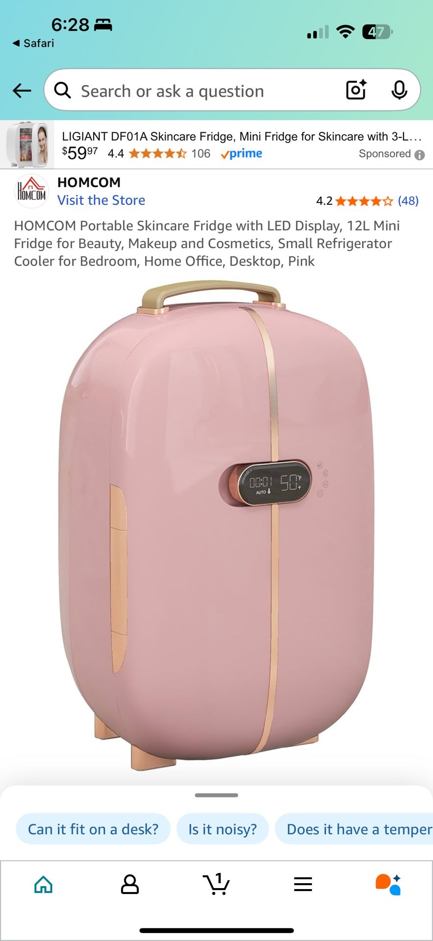 HOMCOM Portable Skincare Fridge with LED Display, 12L Mini Fridge for Beauty, Makeup and Cosmetics, Small Refrigerator Cooler for Bedroom, Home Office