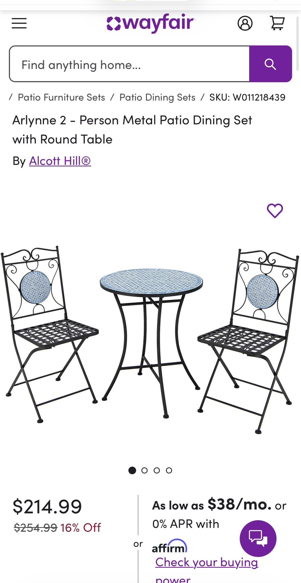 Arlynne 2 - Person Metal Patio Dining Set with Round Table