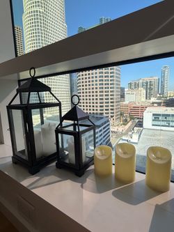 Crate & Barrel Black Metal Glass Candle Lantern Set (2 sizes) with LED Candles