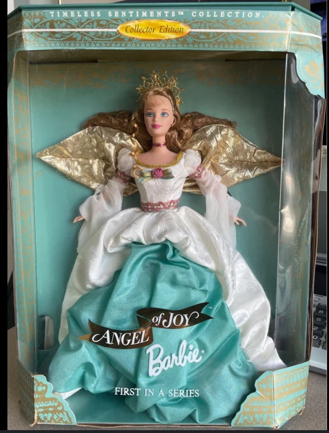 Vintage 1998 Collector Edition "Angel Of Joy" Barbie Doll First in a Series Turquoise Dress with Gold Wings