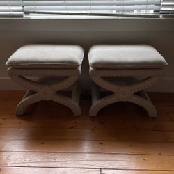 Set Of 2 Restoration Hardware Restoration Hardware 19th English Upholstered X-Base Ottomans 