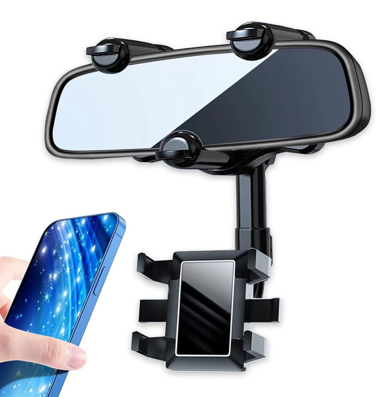 Rear View Mirror Phone Holder for Car, 360° Rotatable and Retractable Phone Holder Compatible with iPhone Samsung All 4-7 Inch Cell Phones