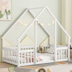 Eydis Twin Size Wood House-Shaped Floor Bed with Fence