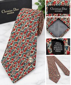 Vintage Christian Dior Monsieur Tie Red Teal Floral CD Logo Made USA Polyester