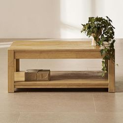 mopio Logan Solid Wood 2-Tier Rectangle Coffee Table, Modern Farmhouse Solid Rubberwood with Light