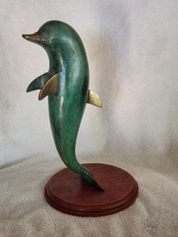 Vintage, Large Solid Brass Dolphin Statue On Wood Base