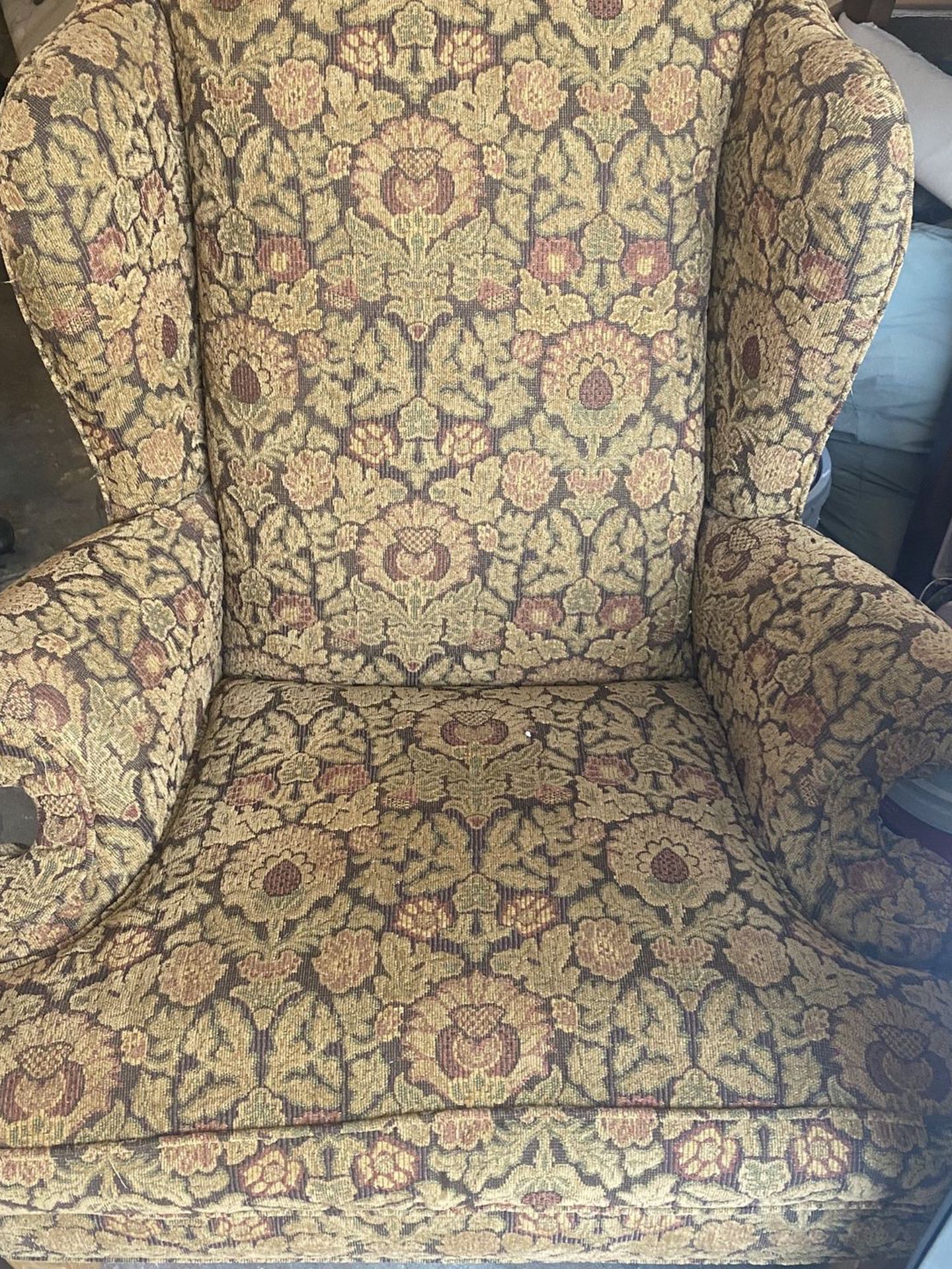 Set Of Jacquard Wing Back Chairs With Matching Ottoman