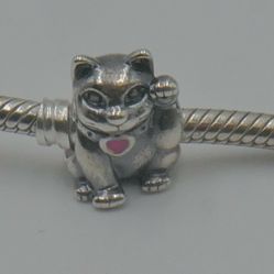 PANDORA 7.5" STERLING SILVER BRACELET WITH 3 CHARMS (CAT CHARM)  PRE OWNED 