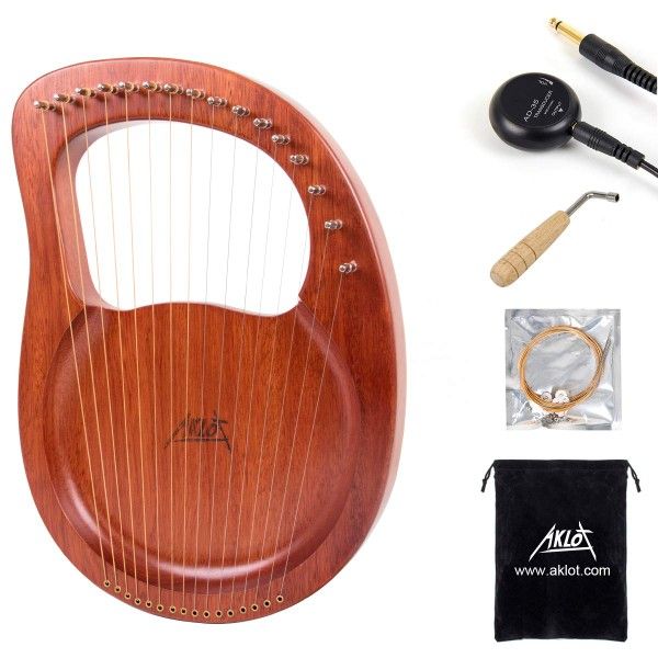 Lyre Harp, AKLOT 16 Metal Strings Mahogany Lye Harp with Tuning Wrench,Spare String Set,Pickup,Black Gig Bag 