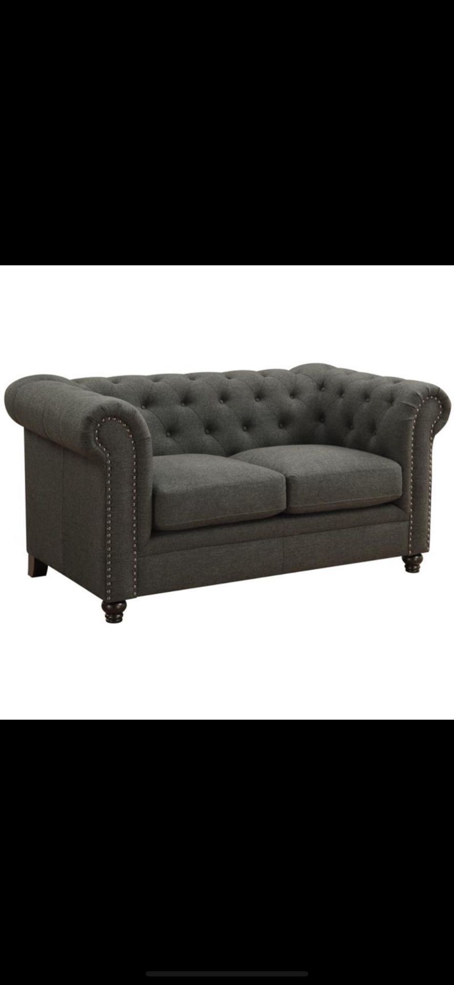 3 pieces set. 1 Fabric Tufted 3 Seater Sofa, gray. 1 Grey Tufted Loveseat 1 chair in dark gray.