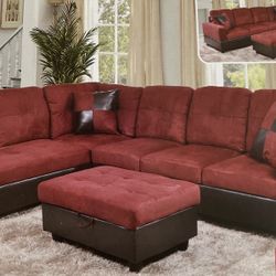 Red Microfiber Sectional Couch And Ottoman