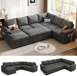 108 Inch Sectional Sleeper Sofa with Pull Out Bed, U Shaped 7 Seat Modular Sectional Sofa with Storage, Sectional Couches for Living Room, C