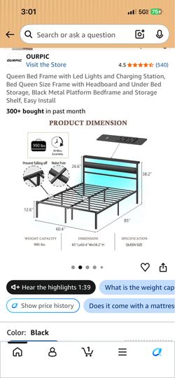 Queen bed frame ( LED+ charging port )