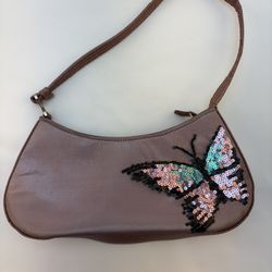 XOXO Purple/Pink Fabric Purse Small Bag Sequined Pink Blue Butterfly Good Condition