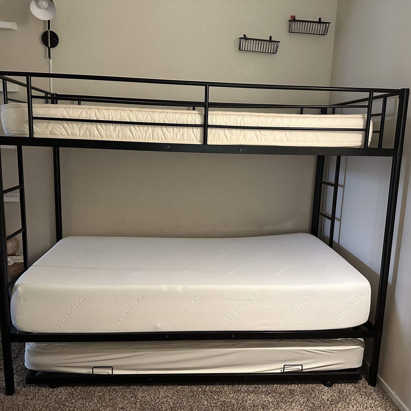 Black Metal Twin Over Twin Bunk Bed With Trundle And Mattresses