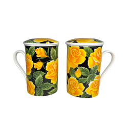 Two vibrant yellow roses ceramic 10oz cups with lids