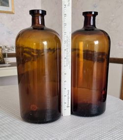 Pair of Vintage 1-Gallon Amber Glass Apothecary Jugs (1920s Illinois Glass Co.)