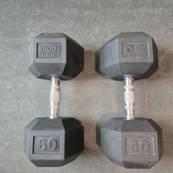 60lb Rubber Hex Dumbbells
