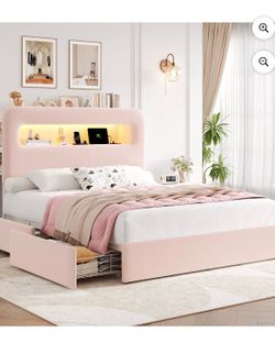 Full size bed frame with LED lights and storage drawers