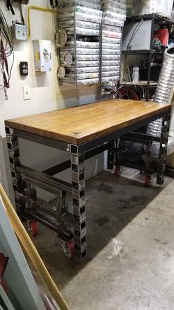 Custom modular steel and oak adjustable work bench