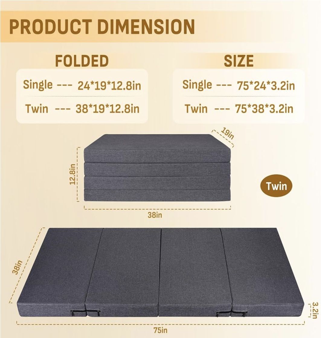 Quad Folding Mattress, Single Size - 3.2 Inch Foldable Memory Foam Mattress with Washable Cover