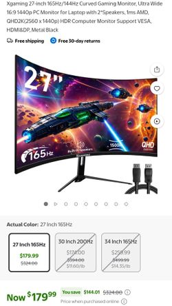 Xgaming 27-inch 165Hz/144Hz Curved Gaming Monitor, Ultra Wide 16:9 1440p PC Monitor for Laptop with 2*Speakers, 1ms AMD, QHD2K(2560 x 1440p) HDR Compu
