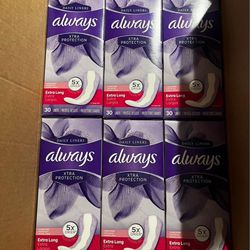 Always Xtra Protection Extra long Daily Liners, 30 Count (Pack of 6)