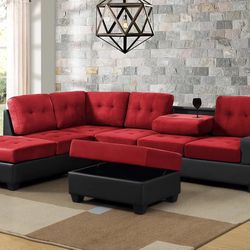 Heights Red/Black Reversible Sectional with Storage Ottoman