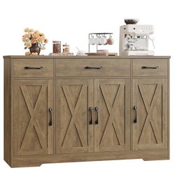 Buffet Sideboard Cabinet with Drawers, 55" Large Buffet Storage Cabinet with Shelves and Doors, Modern Farmhouse Coffee Bar Station Wood K
