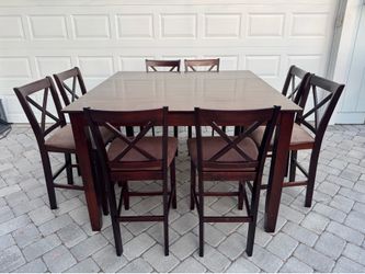 Extendable high top dining table set with 8 chairs