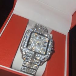 iced-out Cartier Santos watch moissanite