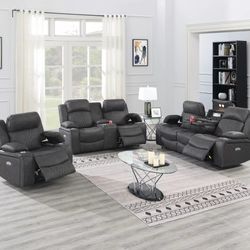 Brand New Grey Leather Power Reclining 3pc Sofa Set 
